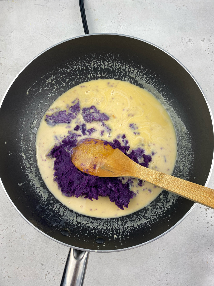 stir in purple yam to make ube halaya jam