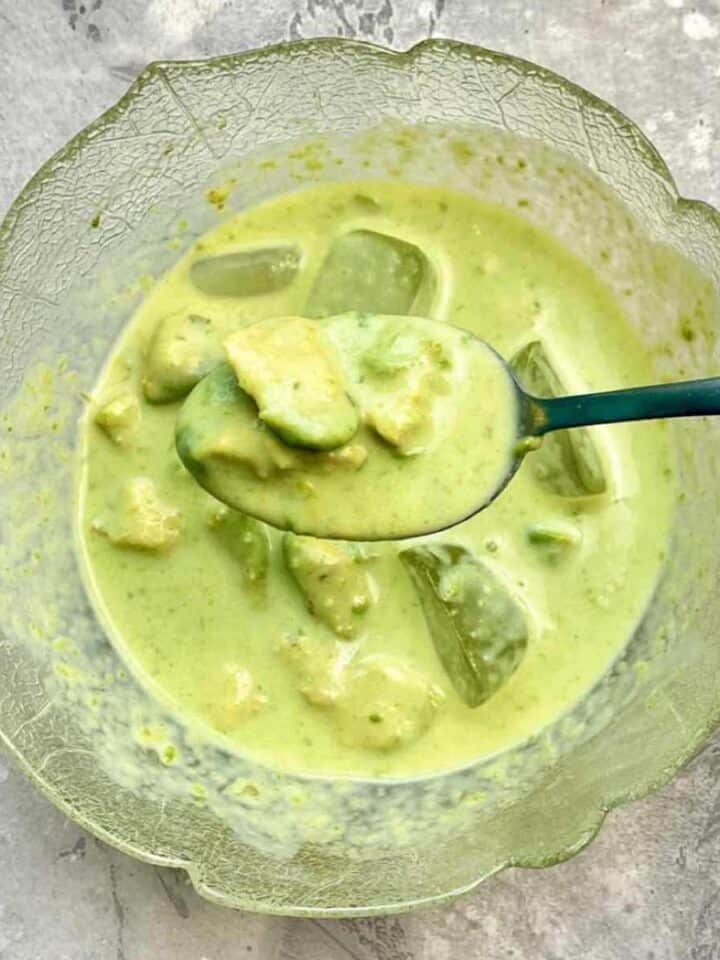 avocado with ice and condensed milk in a bowl