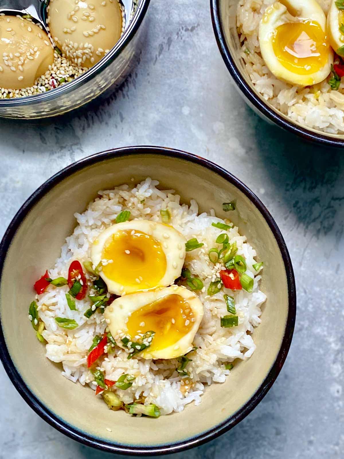 2 rice bowls top with marinated eggs