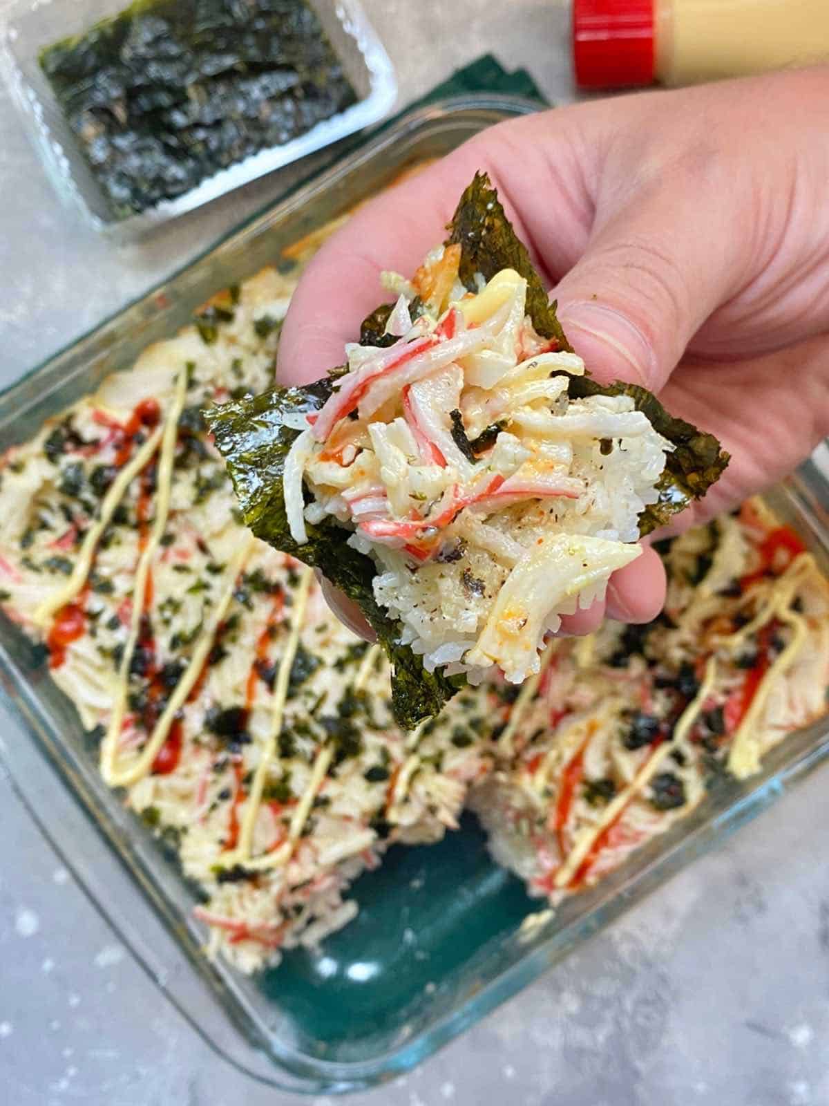 serve sushi backe casserole with seaweed sheets