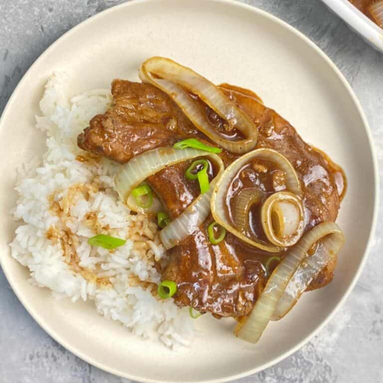 pork bisket served with rice topped with onion slices