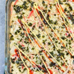 sushi baked casserole top with sriracha and mayo