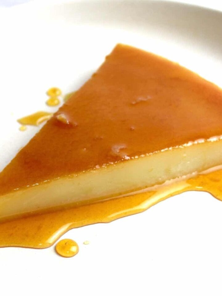 slice of glutinous rice flour leche flan with melted caramel