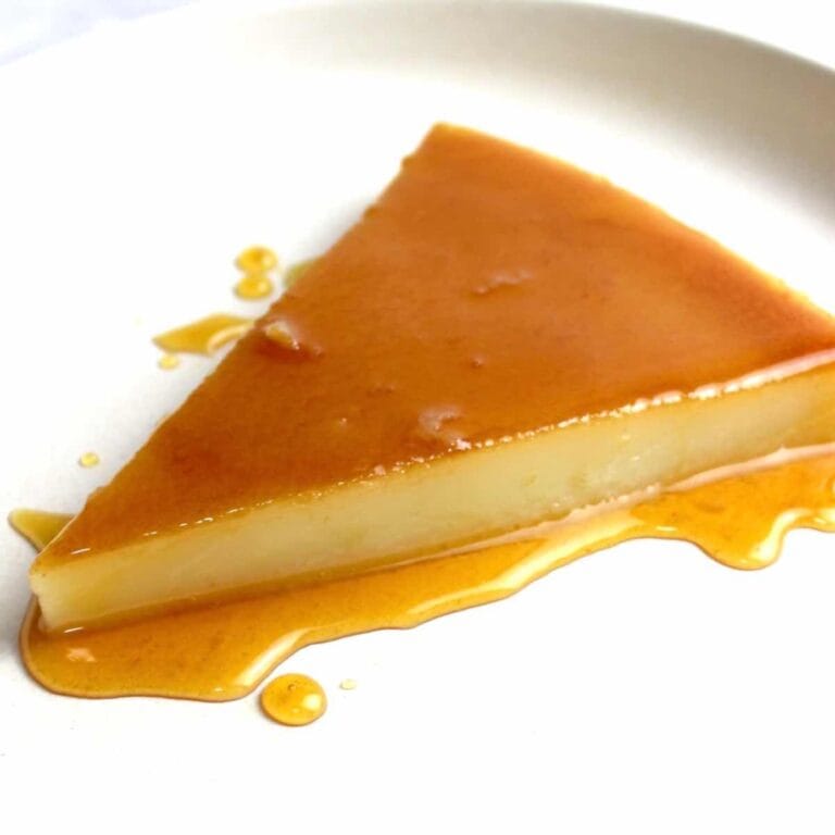 slice of glutinous rice flour leche flan with melted caramel