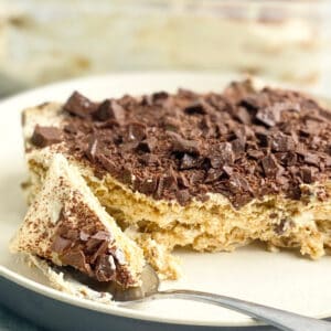 a slice of coffee graham float cake top with cocoa powder